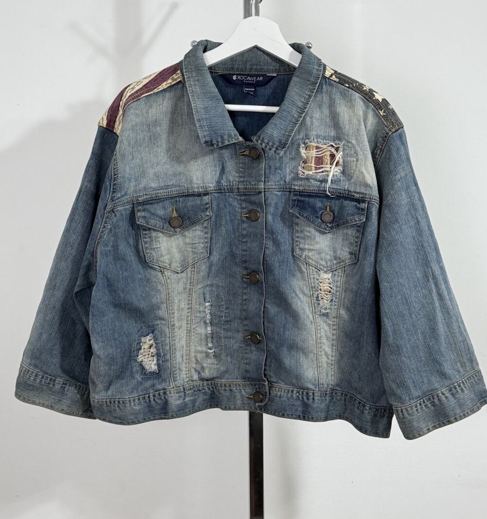 Vintage RocaWear Women Denim Jacket American Flag 3/4 Sleeve Distressed Crop 3X